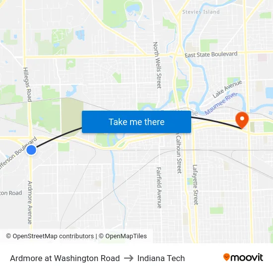 Ardmore at Washington Road to Indiana Tech map