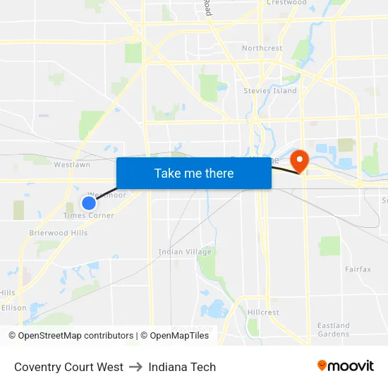 Coventry Court West to Indiana Tech map