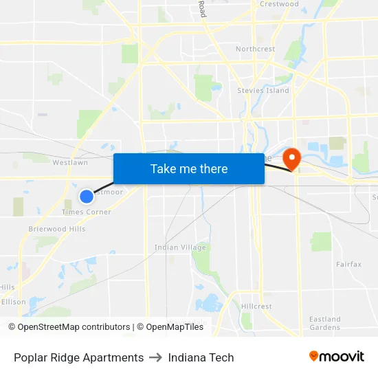 Poplar Ridge Apartments to Indiana Tech map