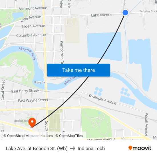 Lake Ave. at Beacon St. (Wb) to Indiana Tech map