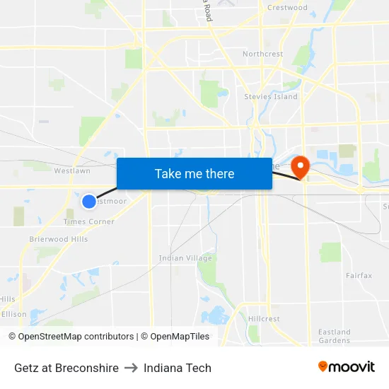 Getz at Breconshire to Indiana Tech map