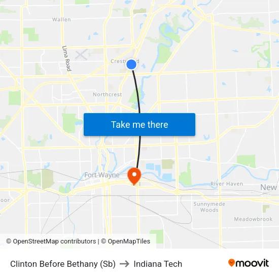 Clinton Before Bethany (Sb) to Indiana Tech map