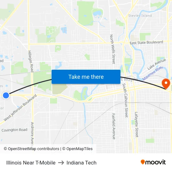 Illinois Near T-Mobile to Indiana Tech map