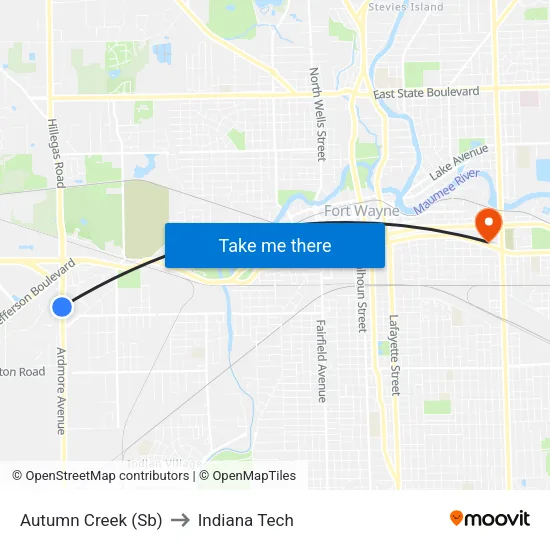 Autumn Creek (Sb) to Indiana Tech map