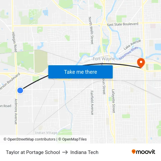 Taylor at Portage School to Indiana Tech map