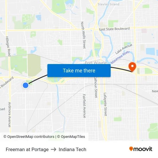 Freeman at Portage to Indiana Tech map