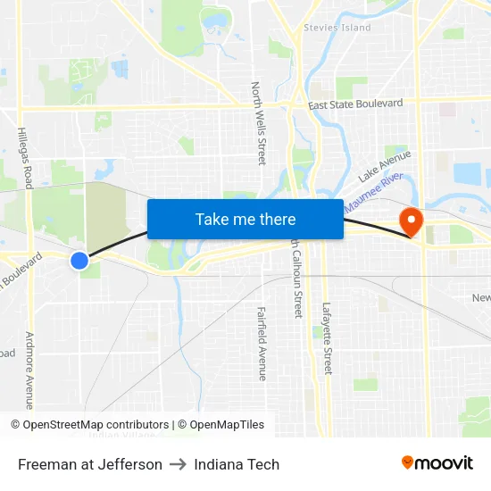 Freeman at Jefferson to Indiana Tech map