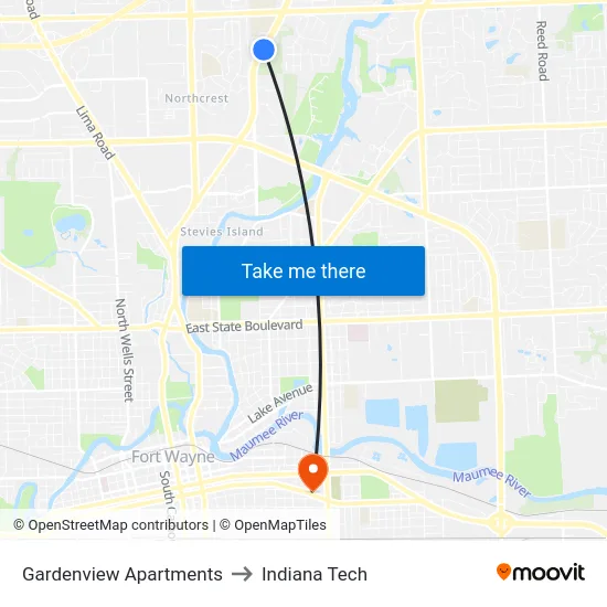 Gardenview Apartments to Indiana Tech map