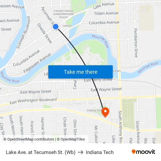 Lake Ave. at Tecumseh St. (Wb) to Indiana Tech map