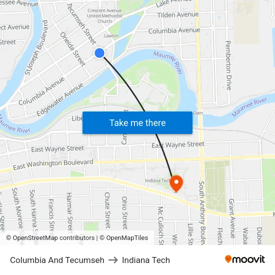 Columbia And Tecumseh to Indiana Tech map