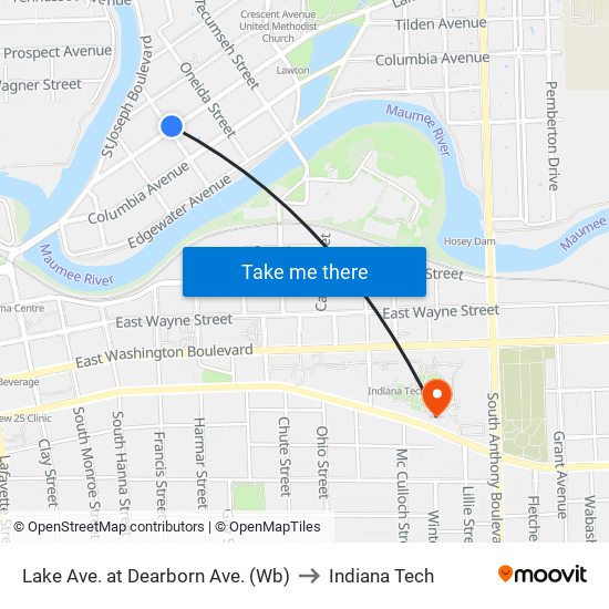 Lake Ave. at Dearborn Ave. (Wb) to Indiana Tech map