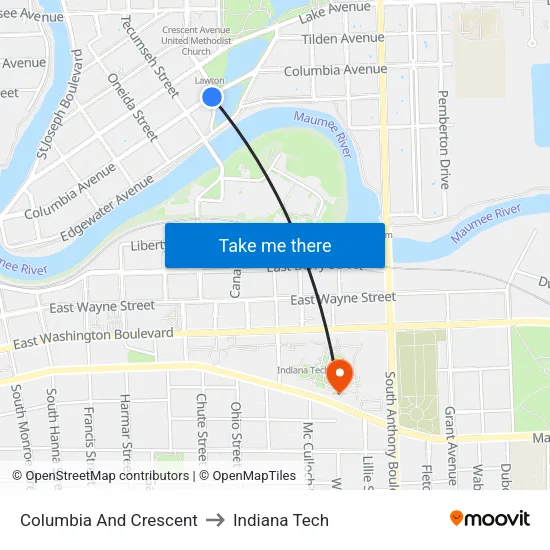 Columbia And Crescent to Indiana Tech map