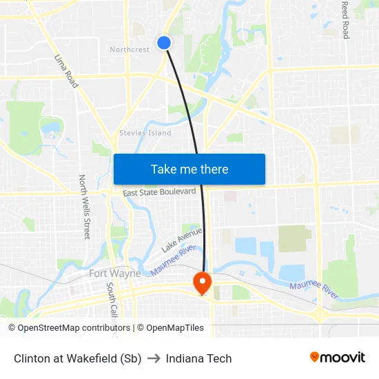 Clinton at Wakefield (Sb) to Indiana Tech map