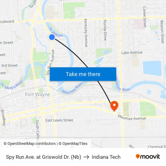 Spy Run Ave. at Griswold Dr. (Nb) to Indiana Tech map