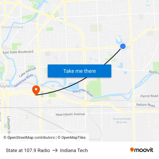 State at 107.9 Radio to Indiana Tech map