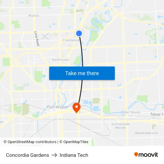 Concordia Gardens to Indiana Tech map