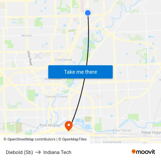 Diebold (Sb) to Indiana Tech map