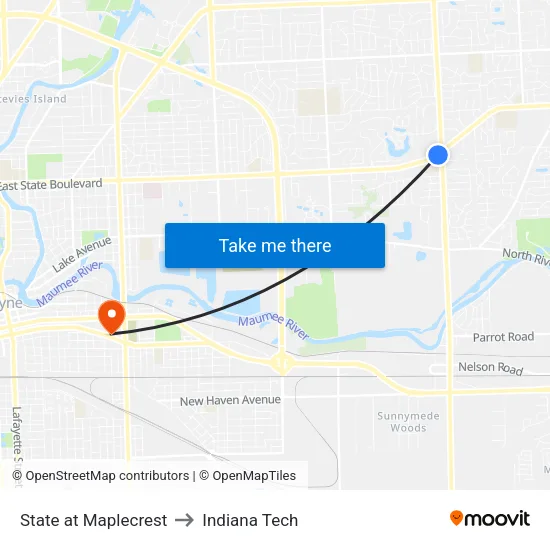 State at Maplecrest to Indiana Tech map