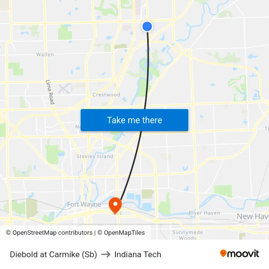 Diebold at Carmike (Sb) to Indiana Tech map