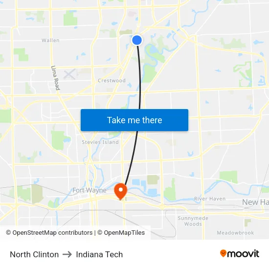 North Clinton to Indiana Tech map