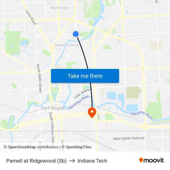 Parnell at Ridgewood (Sb) to Indiana Tech map