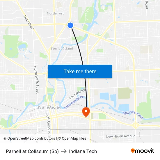 Parnell at Coliseum (Sb) to Indiana Tech map