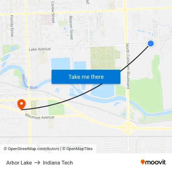 Arbor Lake to Indiana Tech map