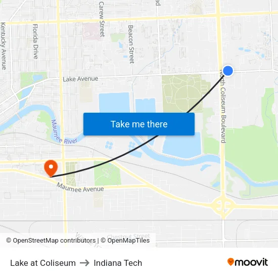 Lake at Coliseum to Indiana Tech map
