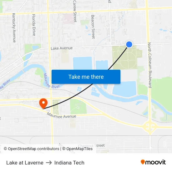 Lake at Laverne to Indiana Tech map