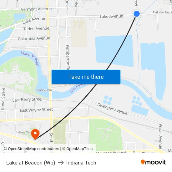 Lake at Beacon (Wb) to Indiana Tech map