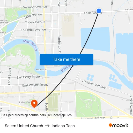 Salem United Church to Indiana Tech map
