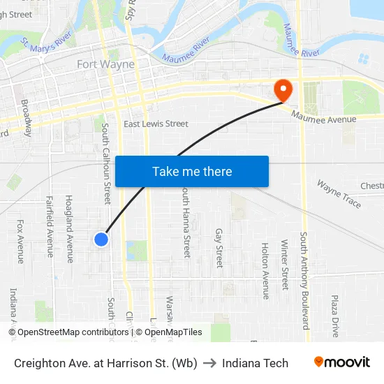 Lake at Delta to Indiana Tech map