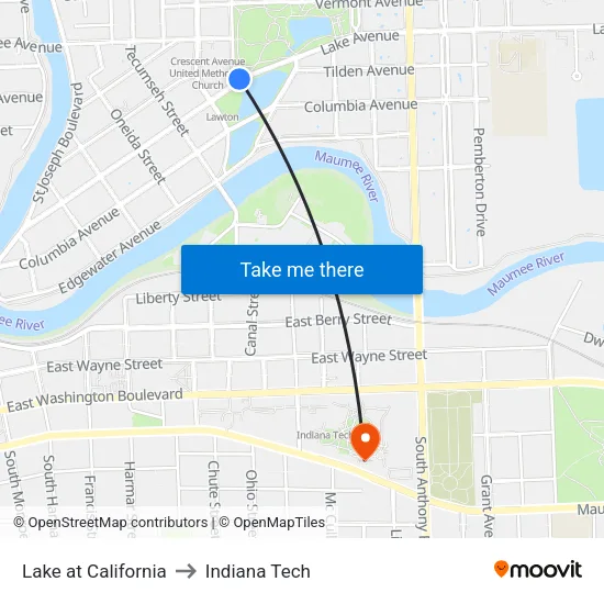 Lake at California to Indiana Tech map