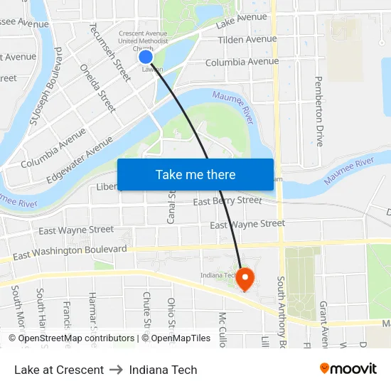 Lake at Crescent to Indiana Tech map