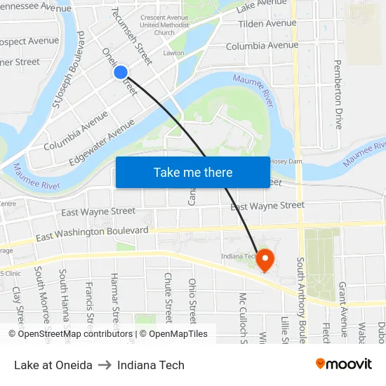 Lake at Oneida to Indiana Tech map