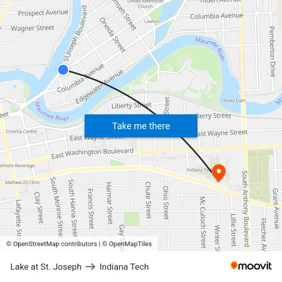Lake at St. Joseph to Indiana Tech map