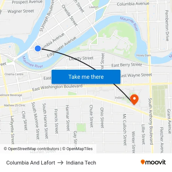 Columbia And Lafort to Indiana Tech map