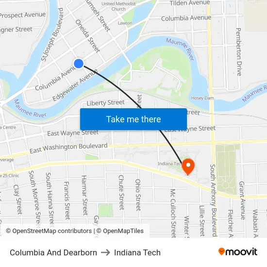 Columbia And Dearborn to Indiana Tech map