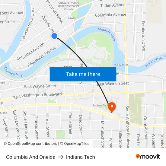 Columbia And Oneida to Indiana Tech map
