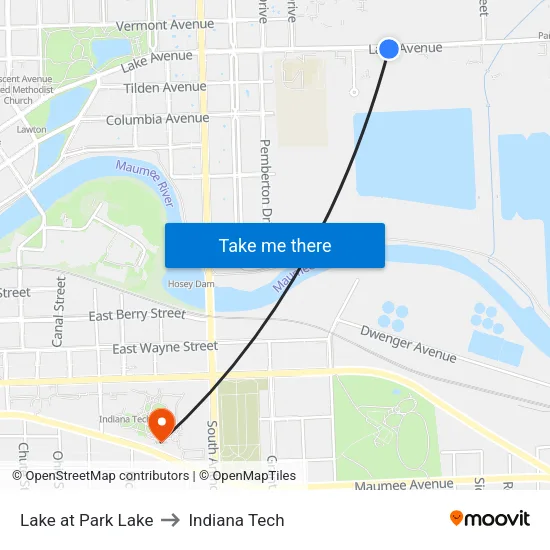 Lake at Park Lake to Indiana Tech map
