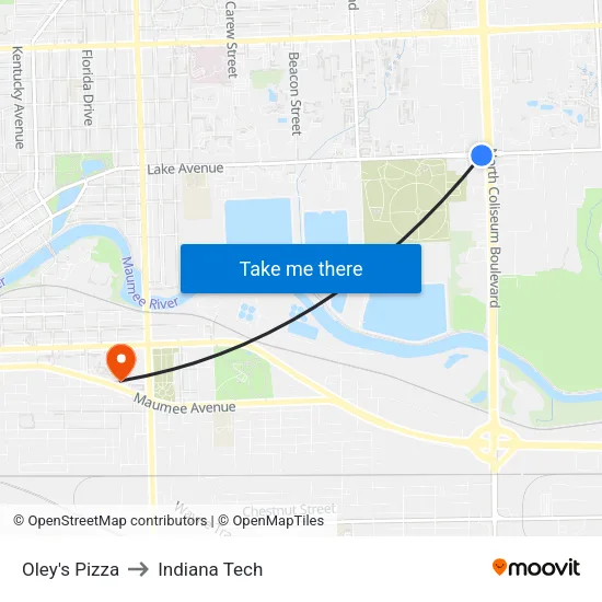 Oley's Pizza to Indiana Tech map