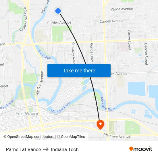 Parnell at Vance to Indiana Tech map