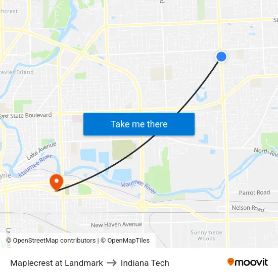 Maplecrest at Landmark to Indiana Tech map