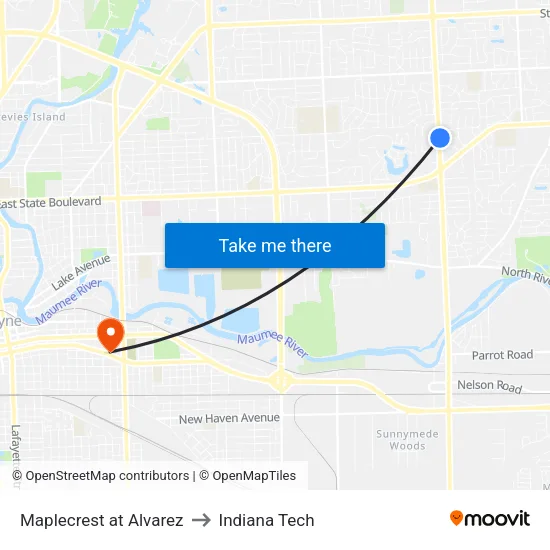 Maplecrest at Alvarez to Indiana Tech map