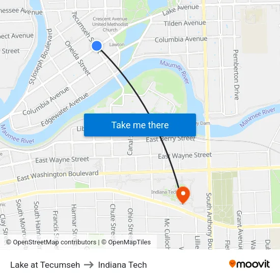 Lake at Tecumseh to Indiana Tech map