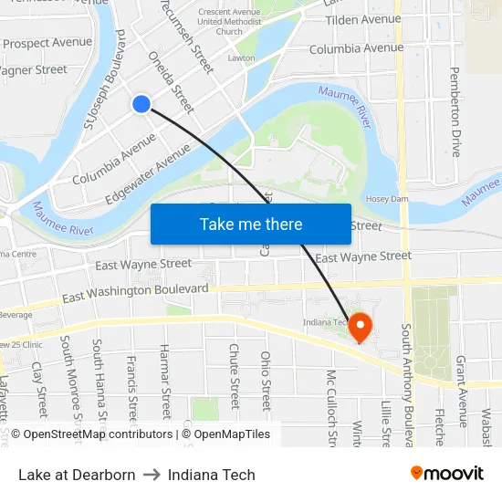 Lake at Dearborn to Indiana Tech map