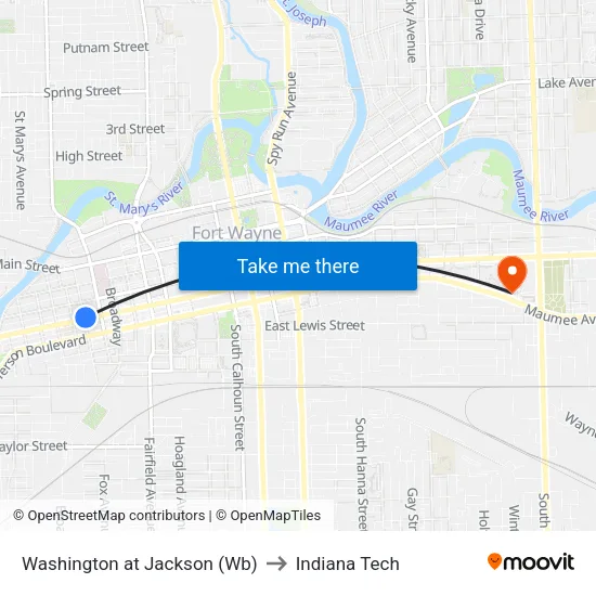 Washington at Jackson (Wb) to Indiana Tech map