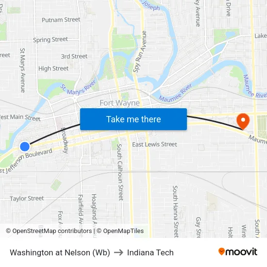 Washington at Nelson (Wb) to Indiana Tech map
