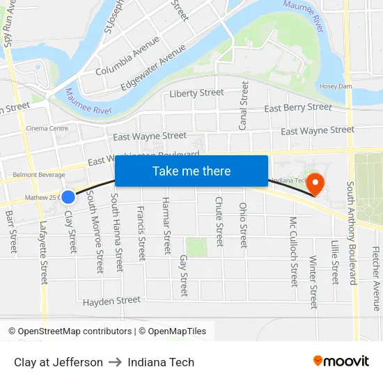 Clay at Jefferson to Indiana Tech map