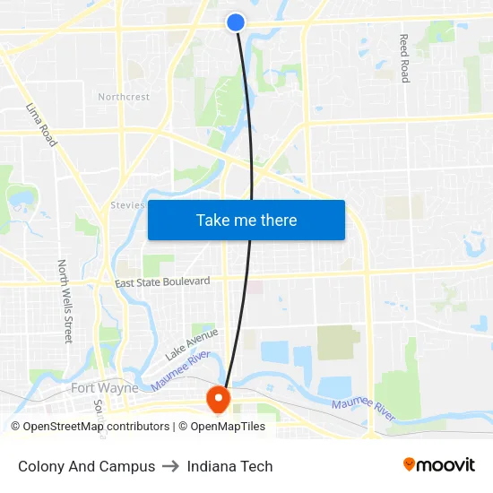 Colony And Campus to Indiana Tech map